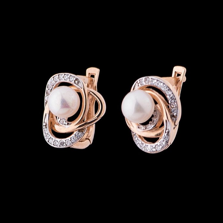 Золоті сережки (культ. прісн. перли, фіаніти) с02402 від ювелірного магазину Онікс