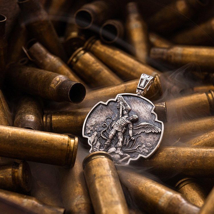 Серебряный кулон "Український воїн. Молитва до Архангела Михаїла" 133226 от ювелирного магазина Оникс - 4