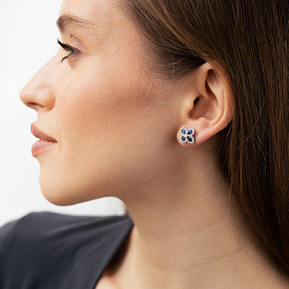 Серьги - пусеты "Клевер" в белом золоте (бриллианты, сапфиры) сб0719mi №4