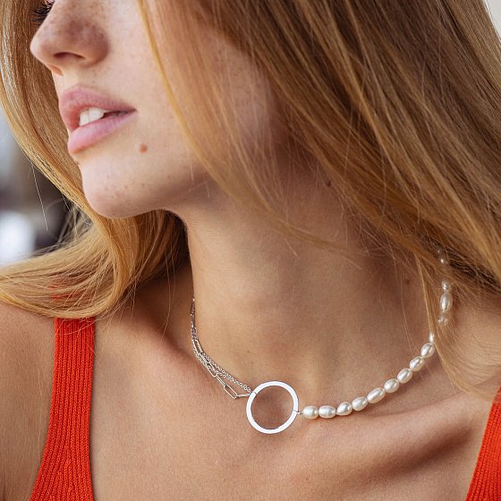 Серебряное колье "Круговорот" с жемчугом 908-01442 №3