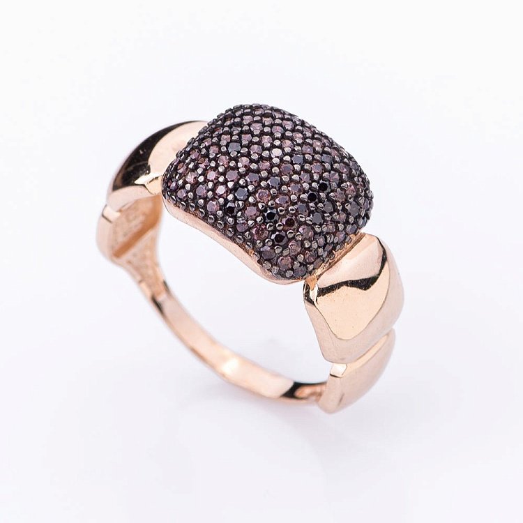 Золота каблучка з чорними і коричневими фіанітами к04964 від ювелірного магазину Онікс