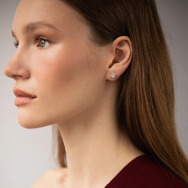 Золотые серьги - пусеты "Цветочки" 2 в 1 с бриллиантами сб0615cha от ювелирного магазина Оникс - 1