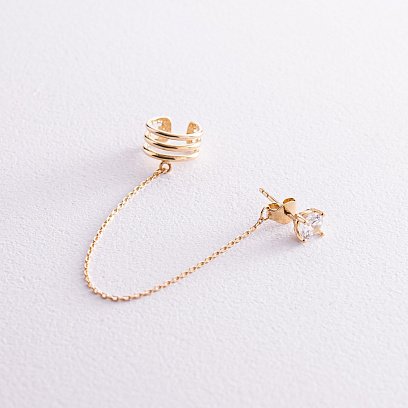 Серьга - каффа "Тринити" в желтом золоте (фианит) с08045 №3