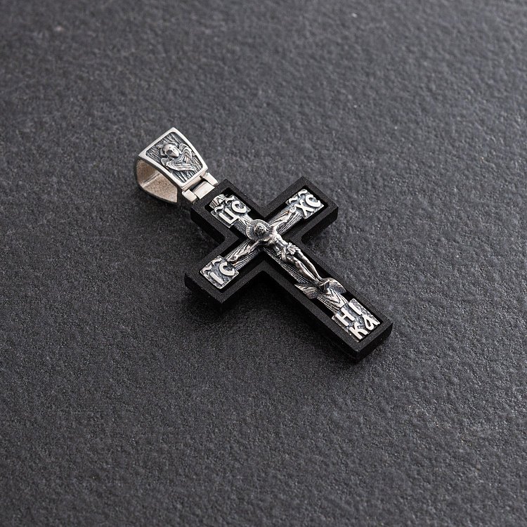 Серебряный крест "Распятие. Спаси и Сохрани" (на укр. языке) с эбеновым деревом mini 1340 от ювелирного магазина Оникс - 2