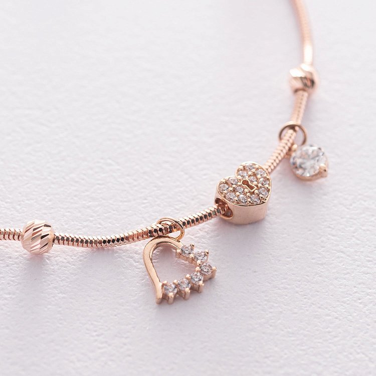 Золотой браслет "Сердечки" с фианитами б04688 от ювелирного магазина Оникс - 3