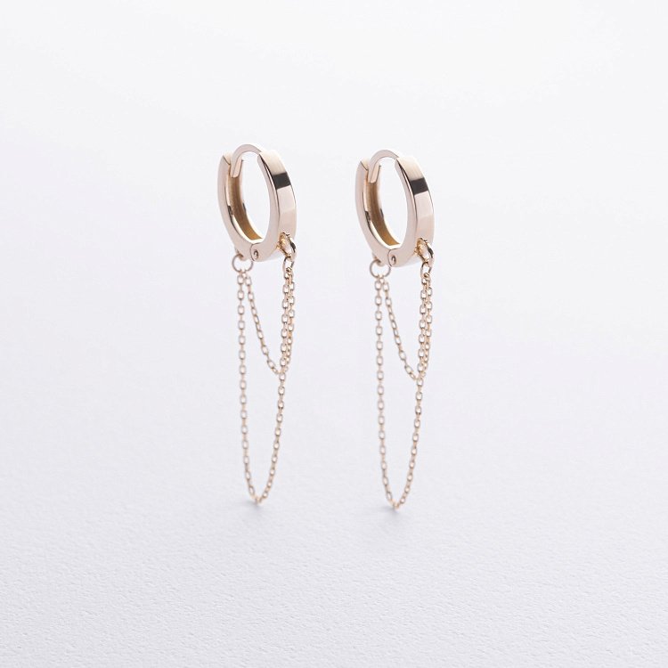 Сережки - кільця з ланцюжками в жовтому золоті с09021 від ювелірного магазину Онікс