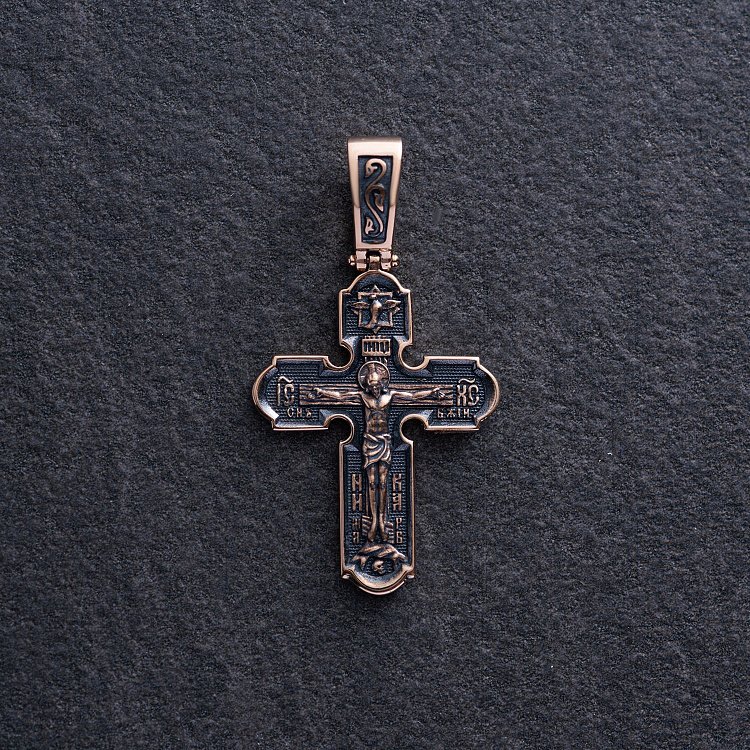 Православный золотой крест "Распятие Христово. Спас Нерукотворный. Икона Божией Матери знамение. Святитель Николай" п03017 от ювелирного магазина Оникс - 2