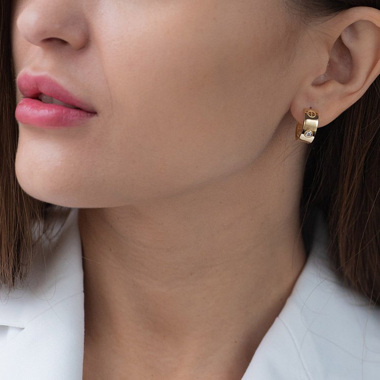 Сережки - кільця "Love" в жовтому золоті (фіаніти) с07214 від ювелірного магазину Онікс - 2