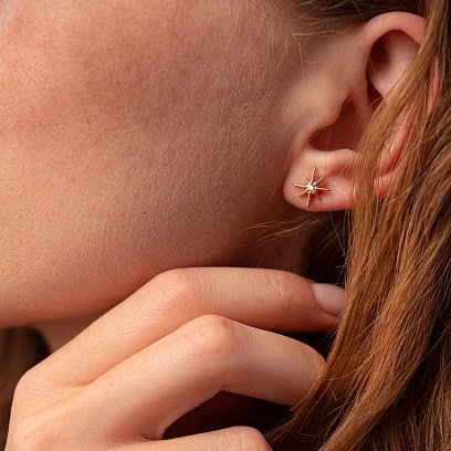 Золоті сережки - пусети "Зірки метеорити" з фіанітами с07906 №9