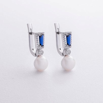 Серебряные серьги с жемчугом, гидротерм. сапфирами и фианитами 2488/1р-PWTNS