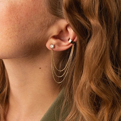 Сережка - каффа "Трініті" в жовтому золоті з ланцюжками (фіаніт) с08041 №5