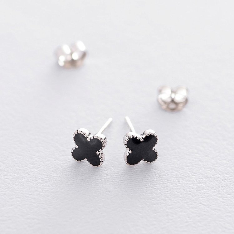 Серебряные серьги-пусеты "Клевер" (эмаль) 122362 от ювелирного магазина Оникс