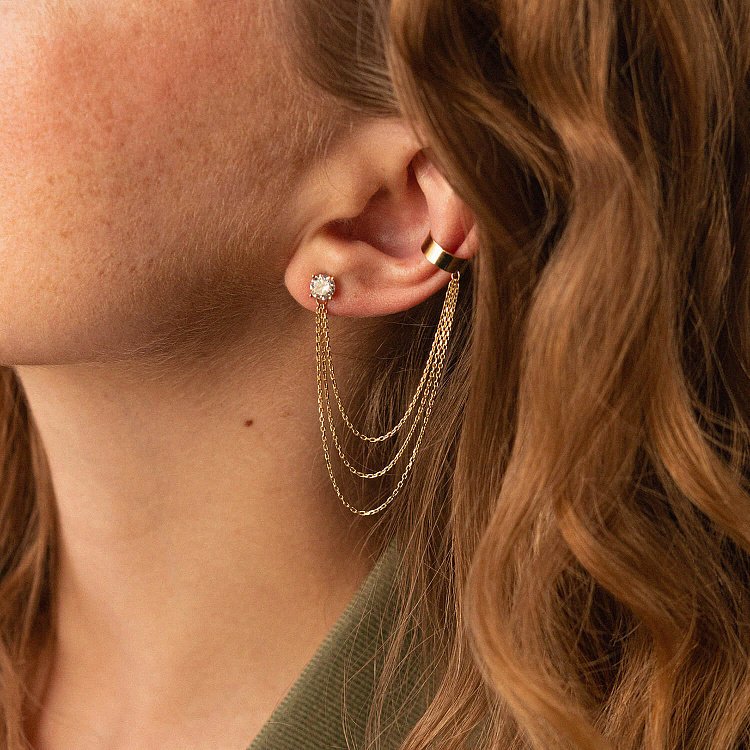 Сережка - каффа "Трініті" в жовтому золоті з ланцюжками (фіаніт) с08041 від ювелірного магазину Онікс - 5