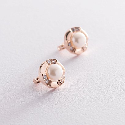 Золотые серьги (жемчуг, фианиты) с07360 №2