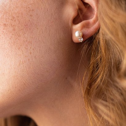 Сережки - пусети з перлами і фіанітами (жовте золото) с08033 №4