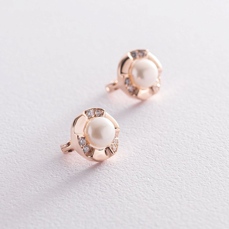 Золотые серьги (жемчуг, фианиты) с07360 от ювелирного магазина Оникс - 1