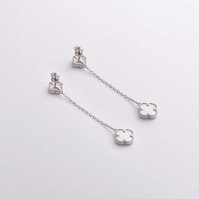 Серебряные серьги "Клевер на цепочке" (перламутр) 123514 №2