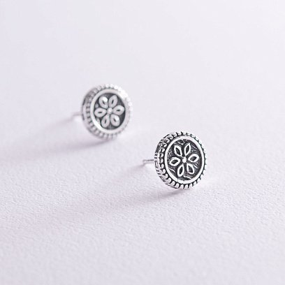 Серьги - пусеты "Цветочки" в серебре (чернение) 122771 №3