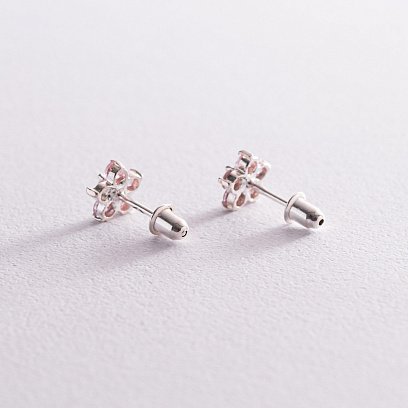 Серебряные серьги-пусеты "Цветочки" (фианиты) 121481 №4