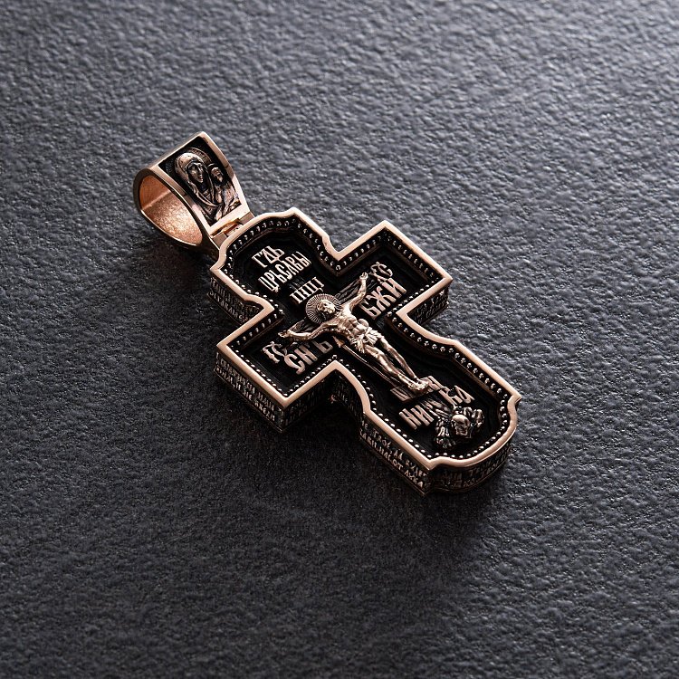 Золотой крест "Господь. Архангелы Михаил и Гавриил. Ангел Хранитель. Святитель Николай. Сергий Радонежский" с эбеновым деревом 980з - 3 Золотой крест "Господь. Архангелы Михаил и Гавриил. Ангел Хранитель. Святитель Николай. Сергий Радонежский" с эбеновым деревом 980з от ювелирного магазина Оникс - 3