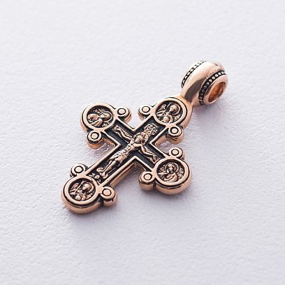 Золотой православный крестик "Распятие Христово. Валаамская икона Божией Матери. Русские святые" п02670