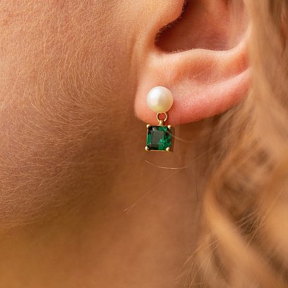 Золоті сережки - пусети "Альма" (зелені фіаніти, перли) с08258 №4