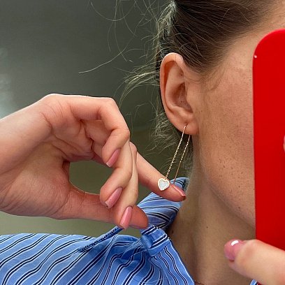 Золотые серьги - протяжки "Сердечки" с перламутром с08574 №2