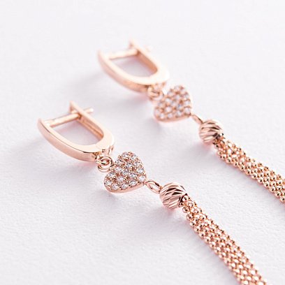 Золоті сережки "Сердечки" з ланцюжками (фіаніти) с07826 №3