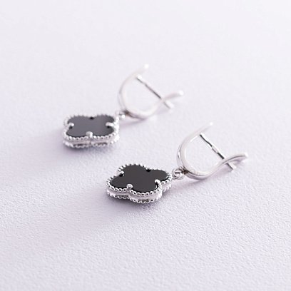 Серебряные серьги "Клевер" (оникс) 122809 №2