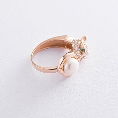 Золотое кольцо "Пантера" (фианиты, жемчуг) к06068 №4