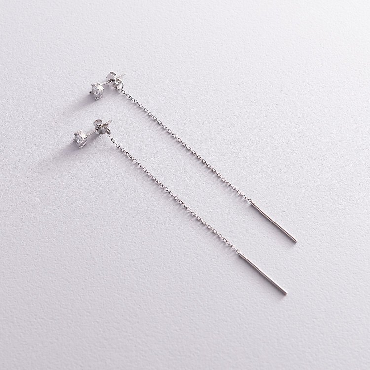 Серебряные серьги - протяжки с фианитами 123097 от ювелирного магазина Оникс - 1