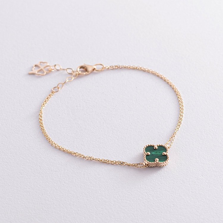 Двойной браслет "Клевер" в желтом золоте (малахит) б04823 от ювелирного магазина Оникс