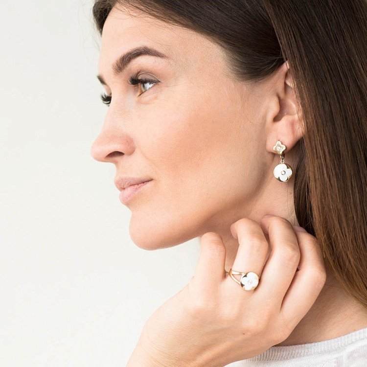 Золотые серьги "Клевер" (эмаль, фианит) с05387 от ювелирного магазина Оникс - 4