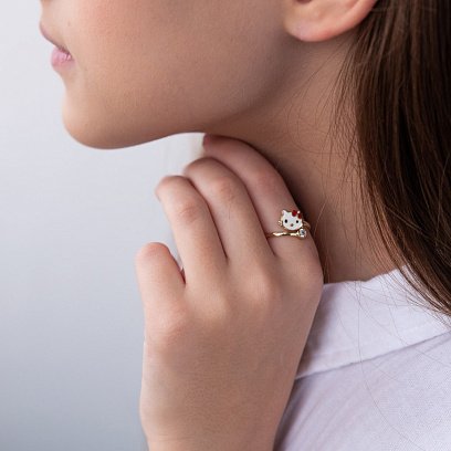 Золота дитяча каблучка "Hello Kitty" (емаль, фіаніти) к03449 №2