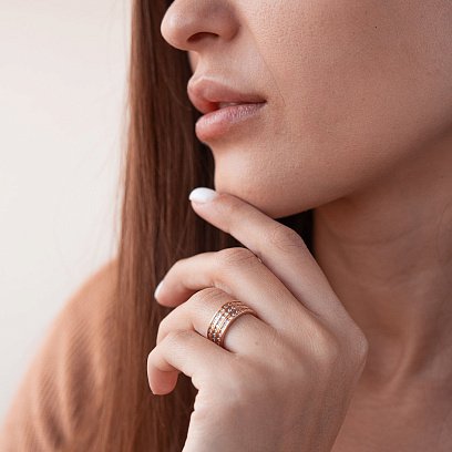 Потрійна каблучка з червоного золота з фіанітами к02642 №2