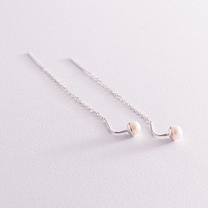 Срібні сережки - протяжки з перлами 123104 №4