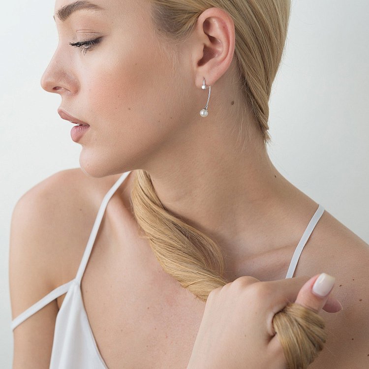 Серьги в белом золоте (культ. пресн. жемчуг, фианиты) с02834 от ювелирного магазина Оникс - 4