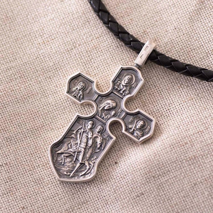 Серебряный крест "Распятие. Казанская икона Божией Матери с предстоящими святыми" 13537 от ювелирного магазина Оникс - 5