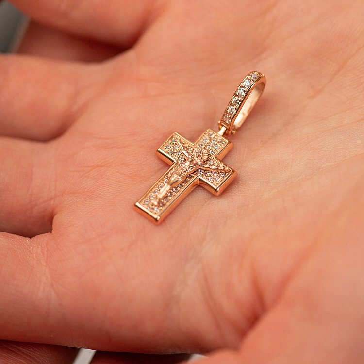 Золотой крестик "Распятие. Спаси и Сохрани" с фианитами 270045б от ювелирного магазина Оникс - 4