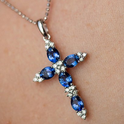 ?Золотий хрестик із синіми сапфірами і діамантами пб0327gm №4