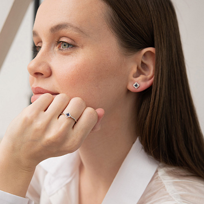 Золотые серьги - пусеты "Клевер" (бриллианты, сапфиры) сб0631ca №2