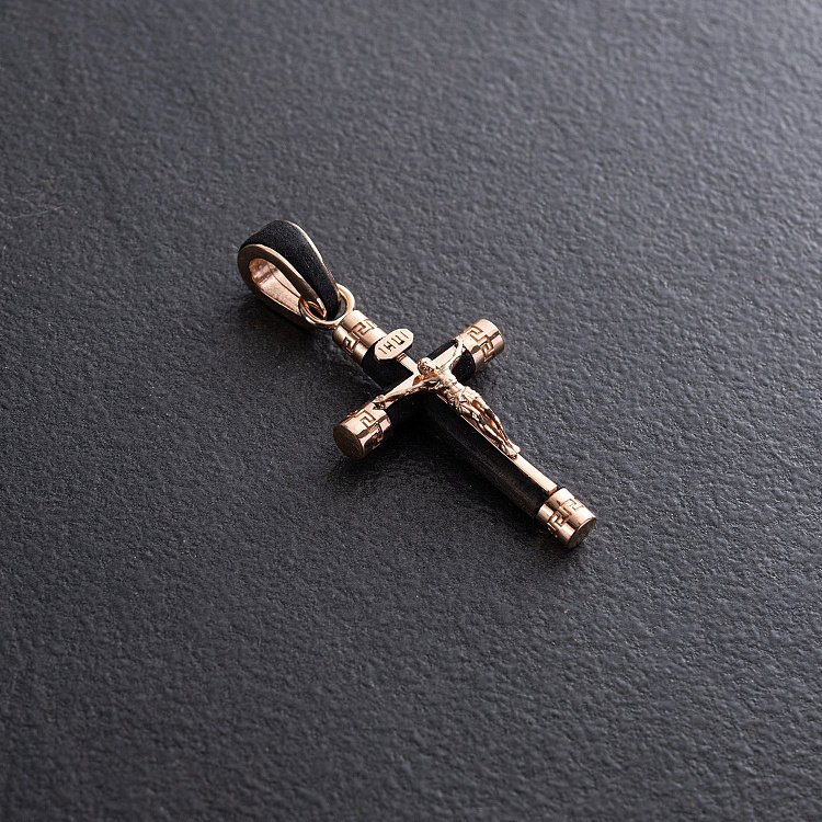 Мужской православный крест "Распятие. Спаси и Сохрани" (на укр. языке) из эбенового дерева и золота п03473 - 4 Мужской православный крест "Распятие. Спаси и Сохрани" (на укр. языке) из эбенового дерева и золота п03473 от ювелирного магазина Оникс - 4