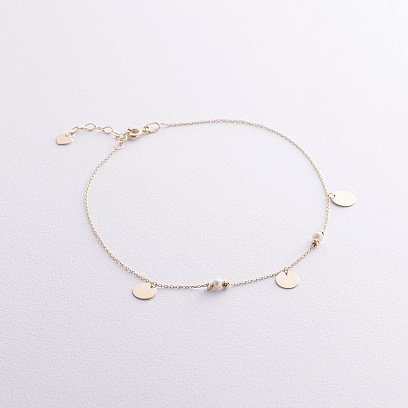 Браслет "Монетки та кульки" з перлами на ногу (жовте золото) б05368