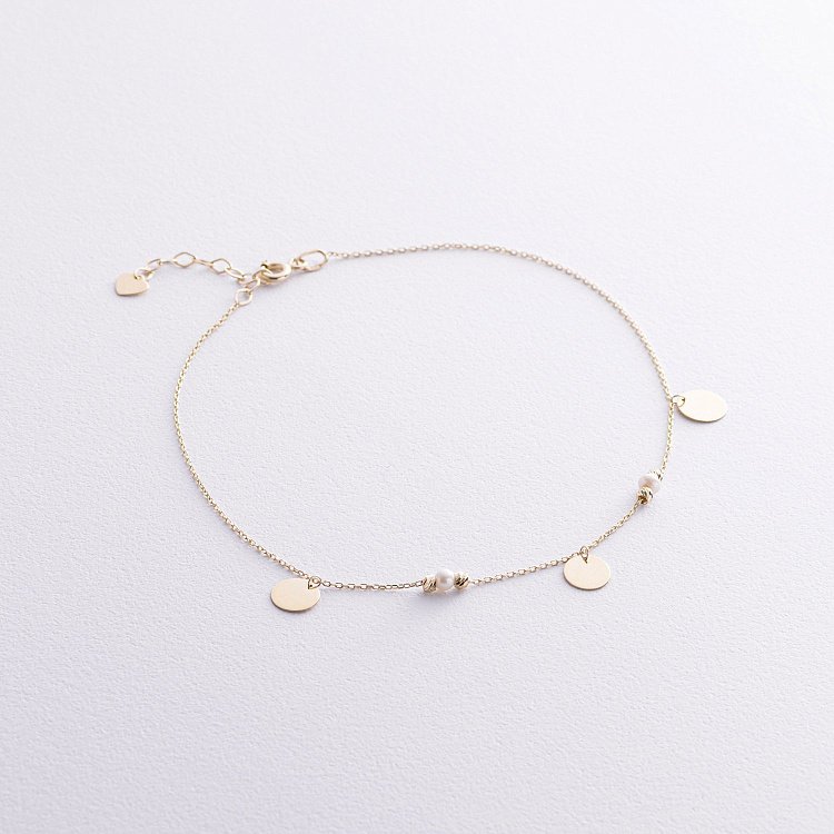 Браслет "Монетки та кульки" з перлами на ногу (жовте золото) б05368 від ювелірного магазину Онікс