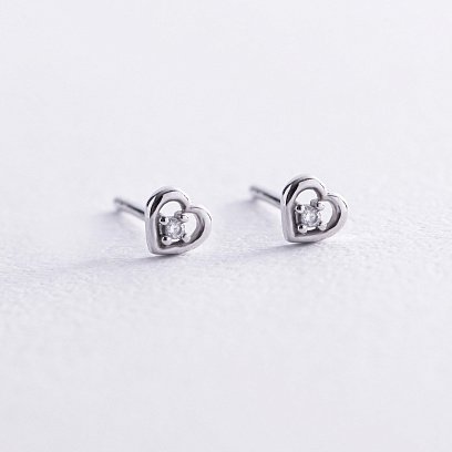 Сережки - пусети "Сердечки" у білому золоті (фіаніти) с07936