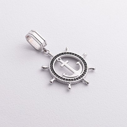 Кулон "Якір" з чорними фіанітами (біле золото) п02745