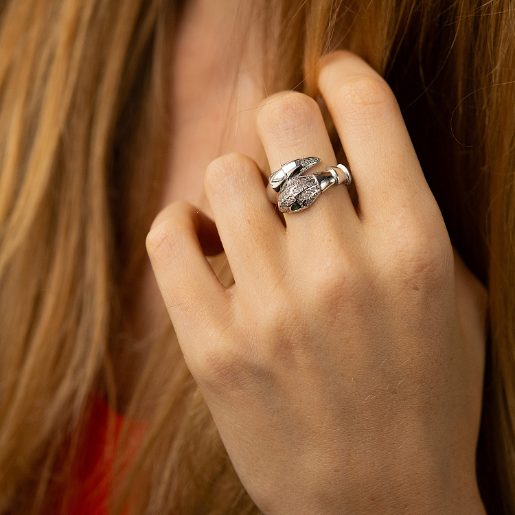 Каблучка "Змія" у білому золоті (фіаніти) к08205 від ювелірного магазину Онікс - 3