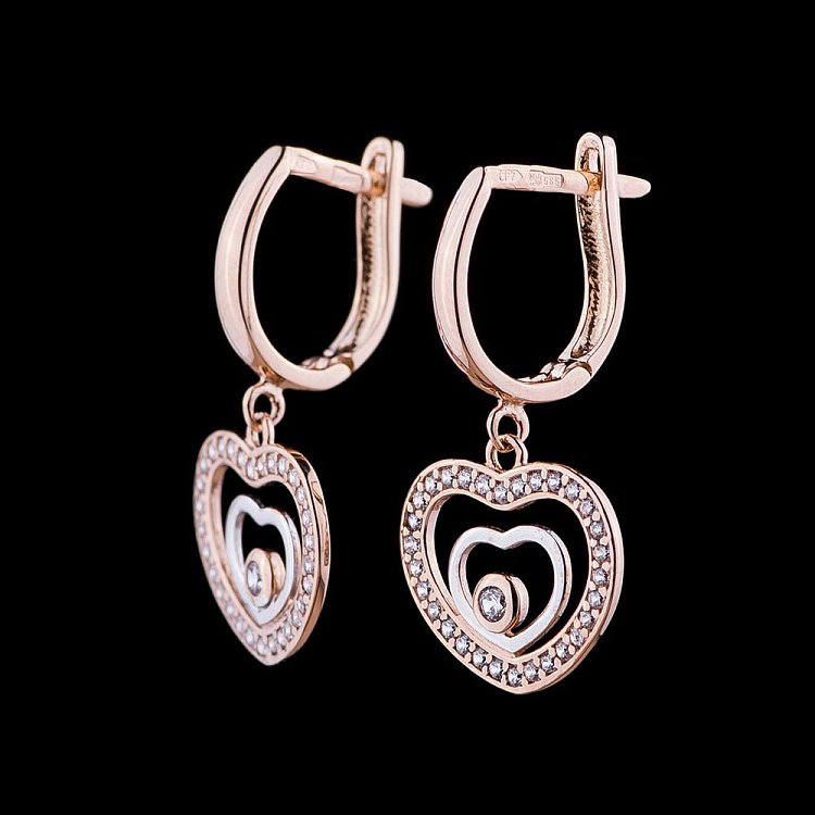 Золотые серьги "Сердечки" с фианитами с04828 от ювелирного магазина Оникс - 1