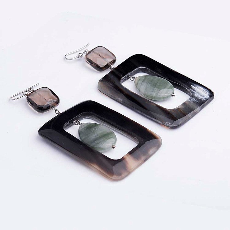 Сережки з агатом, кварцом димчастим і слоновою кісткою с318с24 - 1 Сережки з агатом, кварцом димчастим і слоновою кісткою с318с24 від ювелірного магазину Онікс - 1