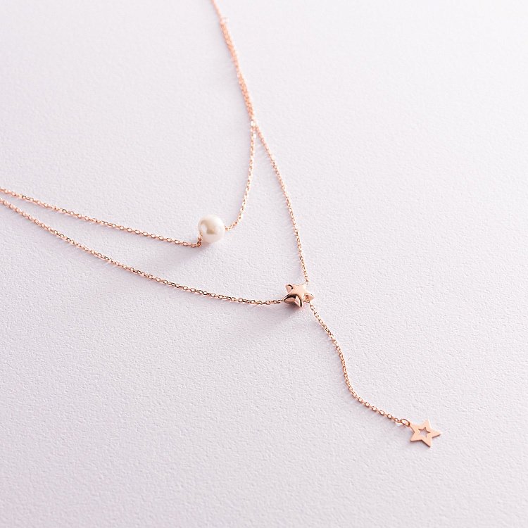 Золотое двойное колье "Звездочки" с жемчугом кол02078 от ювелирного магазина Оникс